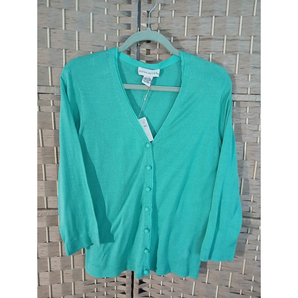 NWT Doncaster Women's Green 100% Silk Lightweight Cardigan Sweater Sz L